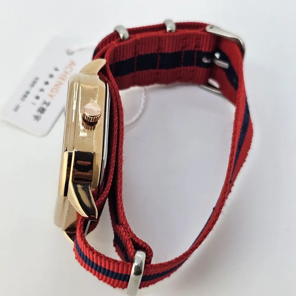 Men's Watch‎ 42MM Black Dial Gold Case Date Indicator Red Blue Canvas Band Strap